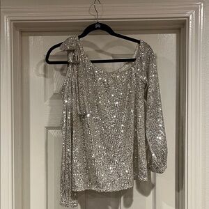 CeCe Silver Sequin One-Shoulder Blouse with Tie Detail